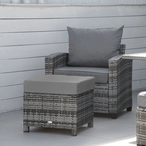 Patio Rattan Ottoman, Outdoor Wicker Footrest with Cushion, Metal Frame, Grey