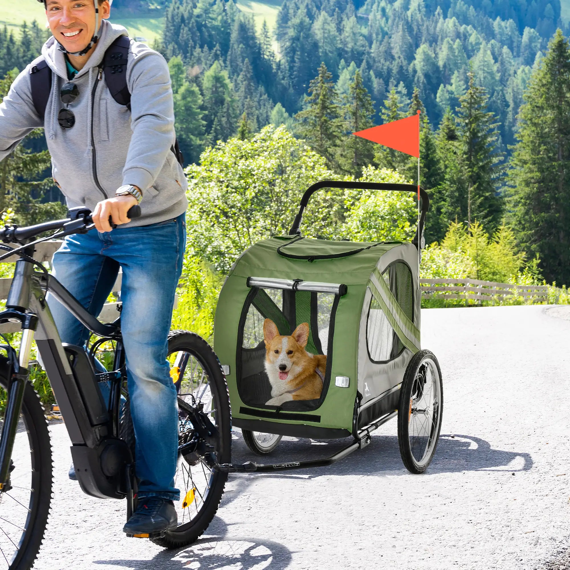 Dog Bike Trailer, 2-in-1 Pet Stroller, Universal Wheel Reflectors, Green Dog Bike Trailers & Strollers at Gallery Canada