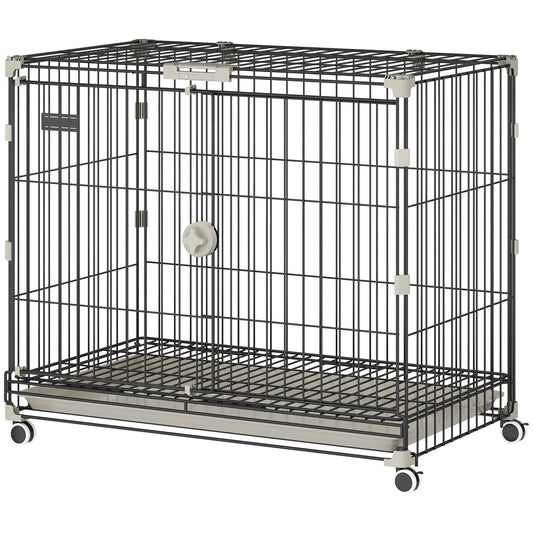 30 Inch Foldable Dog Crate, Metal Cage with Tray & Wheels, Black Dog Cages & Crates Black at Gallery Canada