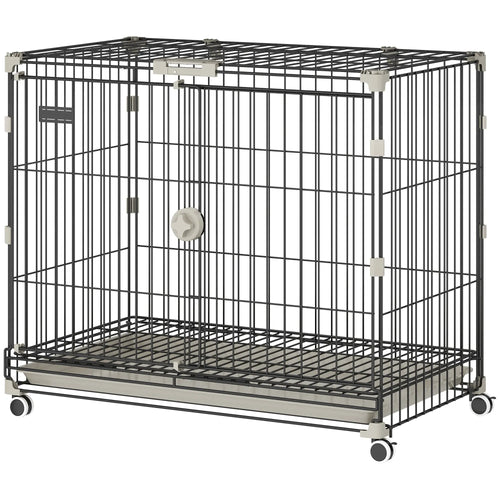 30 Inch Foldable Dog Crate, Metal Cage with Tray & Wheels, Black