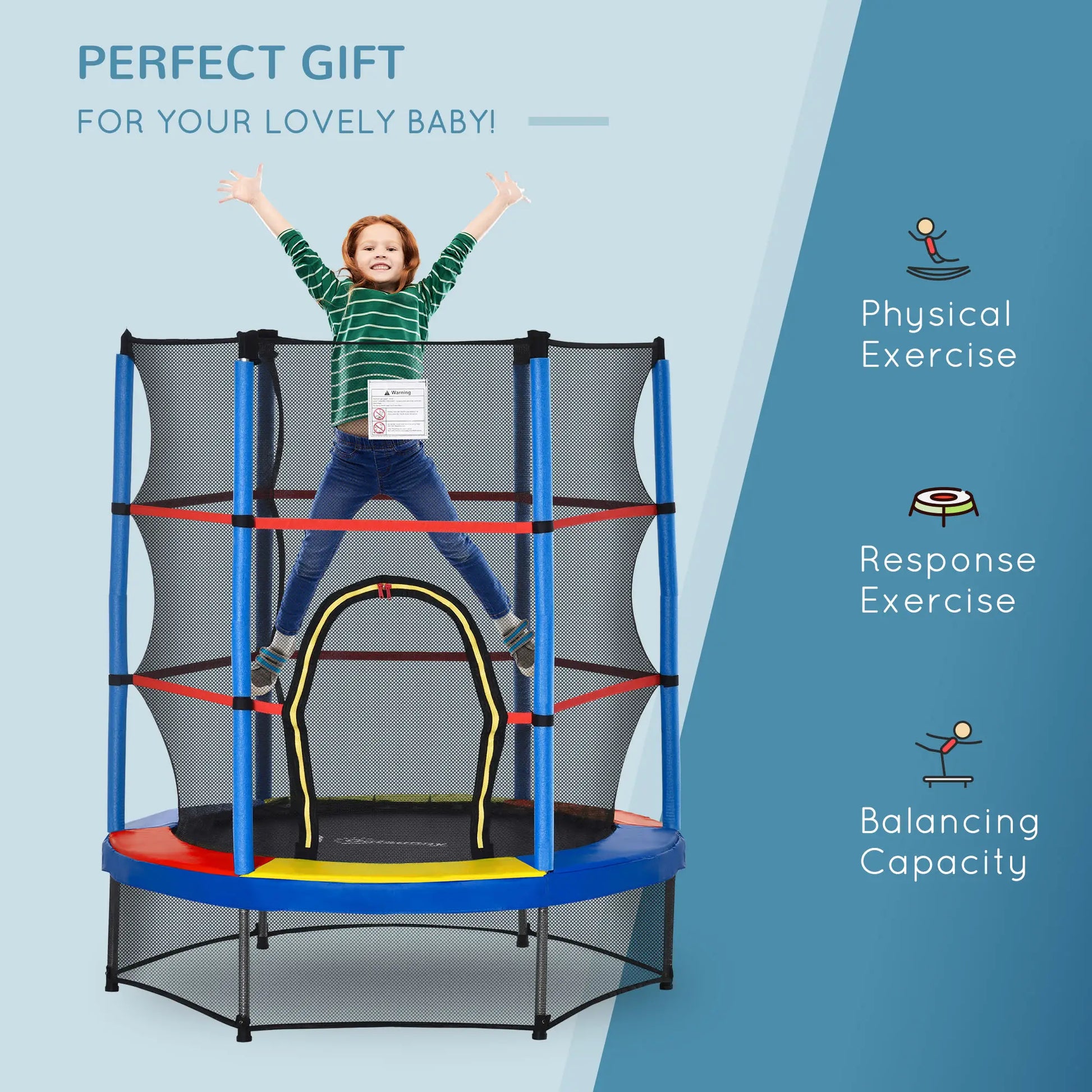 55" Kids Trampoline with Enclosure Net, Indoor/Outdoor, Multi-Coloured Trampolines at Gallery Canada