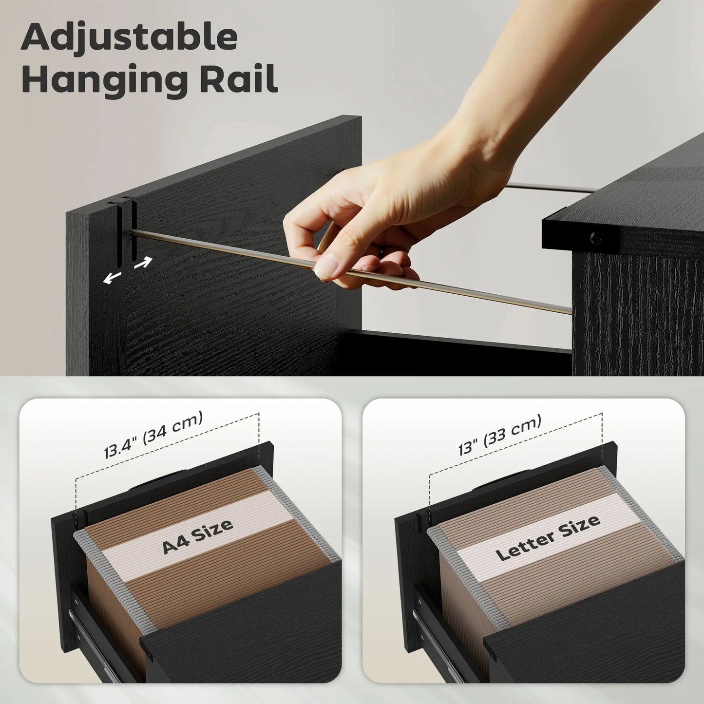 3 Drawer File Cabinet, Vertical Farmhouse, Letter/A4 Size, Black