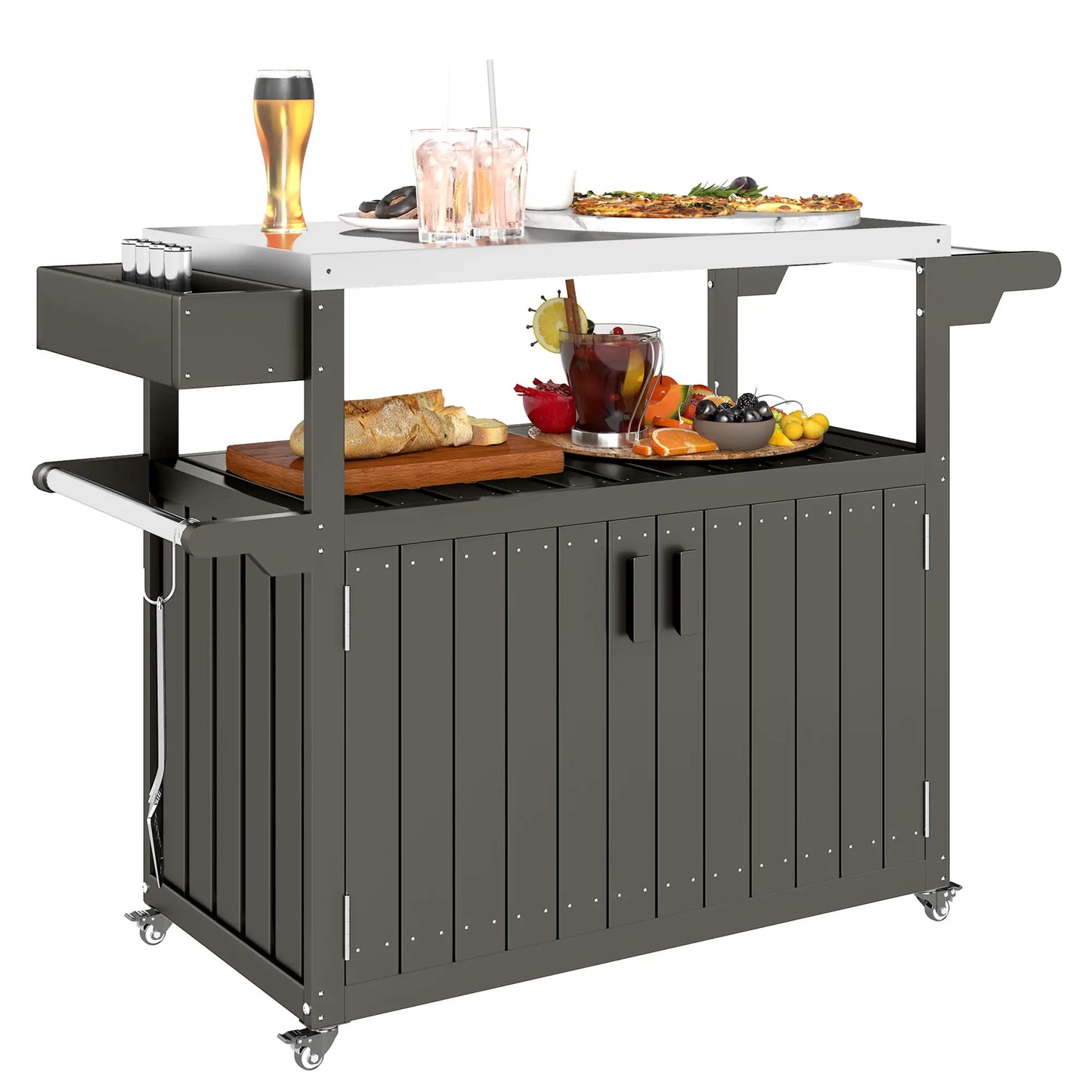 Outdoor Bar Cart With Storage Cabinet, Stainless Steel Table Top, Wheeled HDPE Kitchen Island Outdoor Grill Carts at Gallery Canada