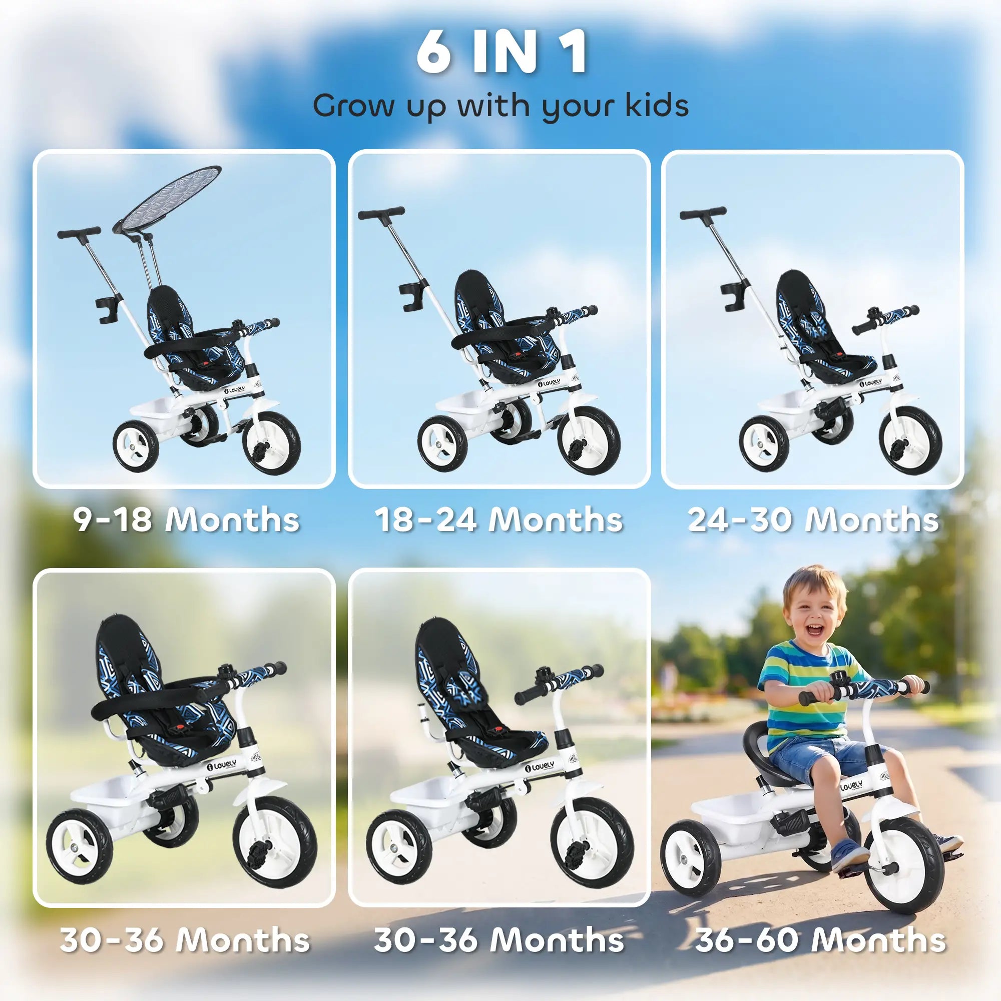 6 in 1 Kids Tricycle, Removable Handlebar, Canopy, Blue Tricycles for Kids at Gallery Canada