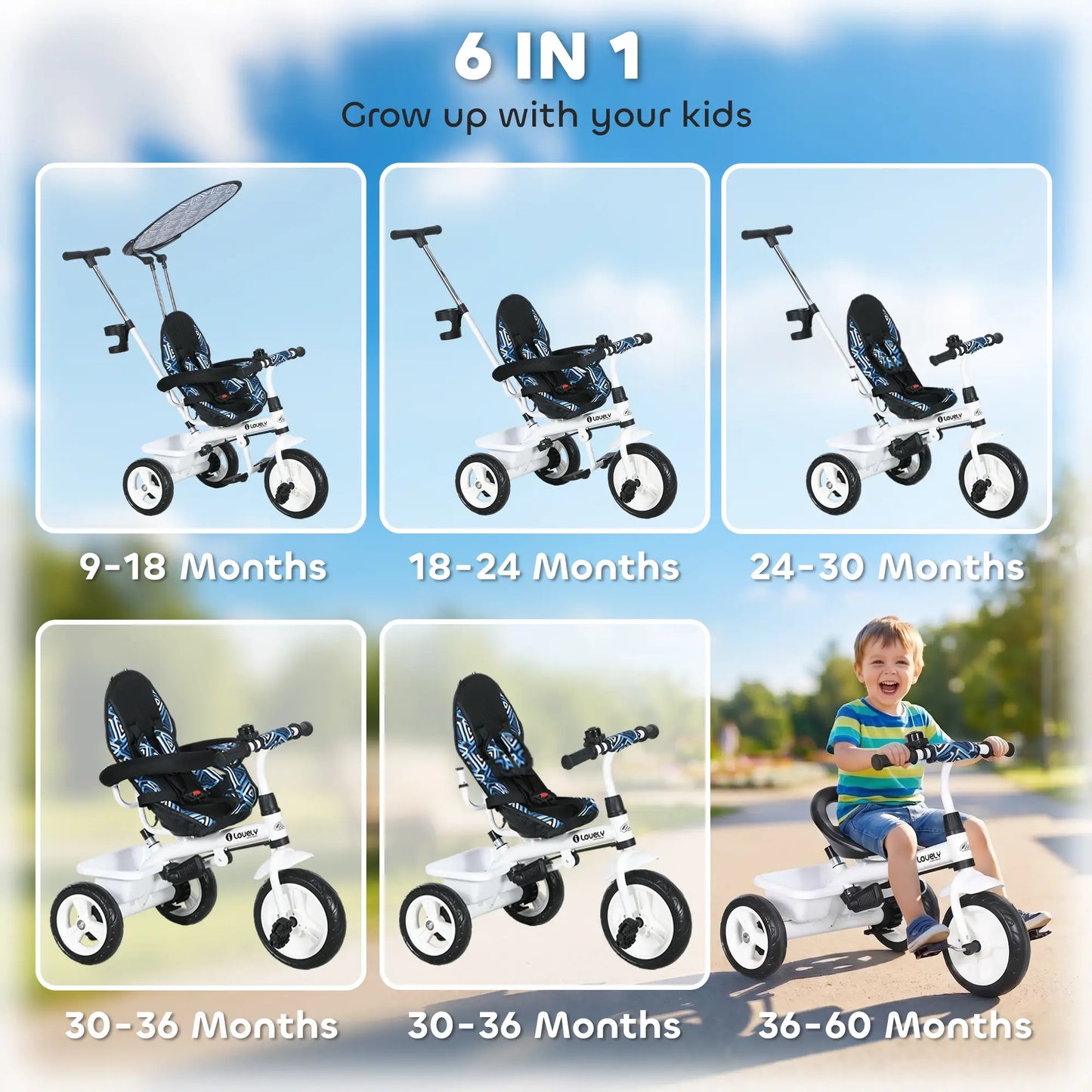6 in 1 Kids Tricycle, Removable Handlebar, Canopy, Blue Tricycles for Kids at Gallery Canada