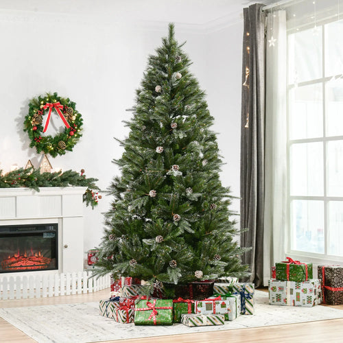7FT Artificial Christmas Snow Pine Tree, Pinecone, Green