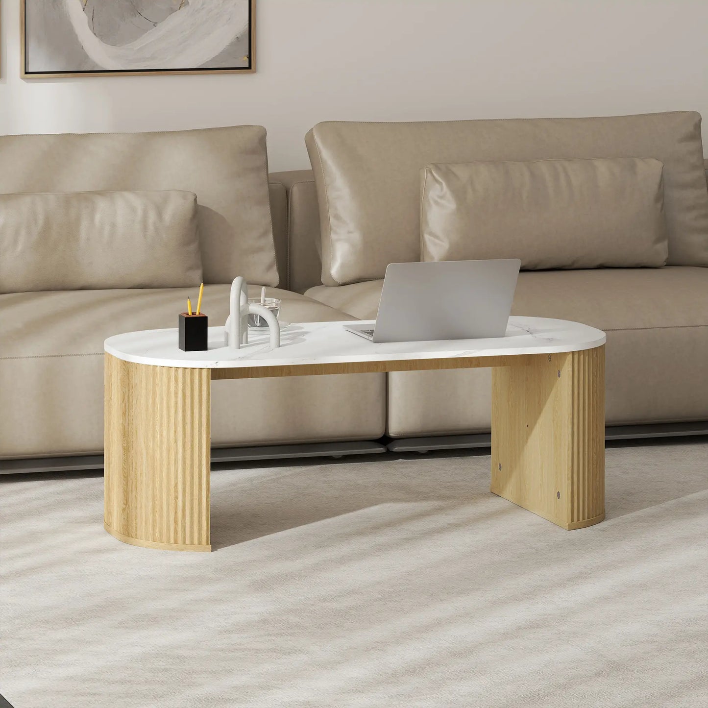 Modern Marble-Effect Coffee Table, Round Corners, Thicken Legs, Natural Wood Coffee Tables at Gallery Canada