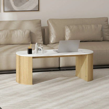 Modern Marble-Effect Coffee Table, Round Corners, Thicken Legs, Natural Wood Coffee Tables at Gallery Canada
