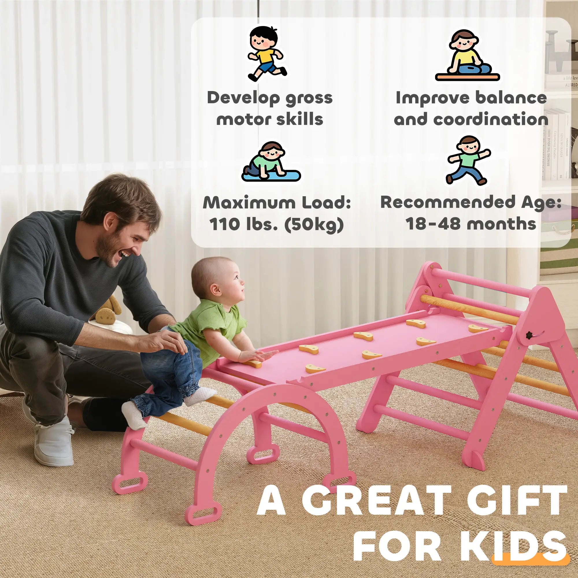 7-in-1 Pikler Triangle Set, Foldable Wooden Climbing Toys, Pink Kids Gym & Playmats at Gallery Canada