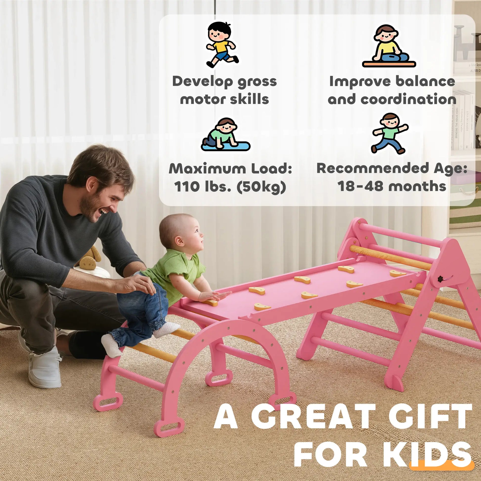 7-in-1 Pikler Triangle Set, Foldable Wooden Climbing Toys, Pink Kids Gym & Playmats at Gallery Canada