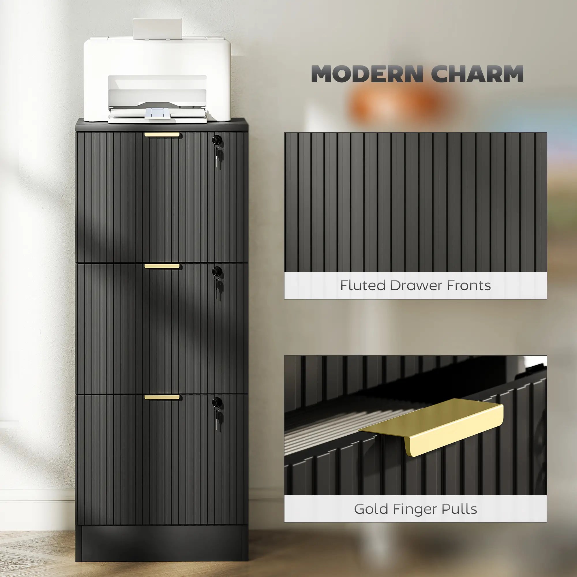Lockable Filing Cabinet, 3 Fluted Drawers, Adjustable Hanging Rails, Black Office Cabinets & Cupboards at Gallery Canada