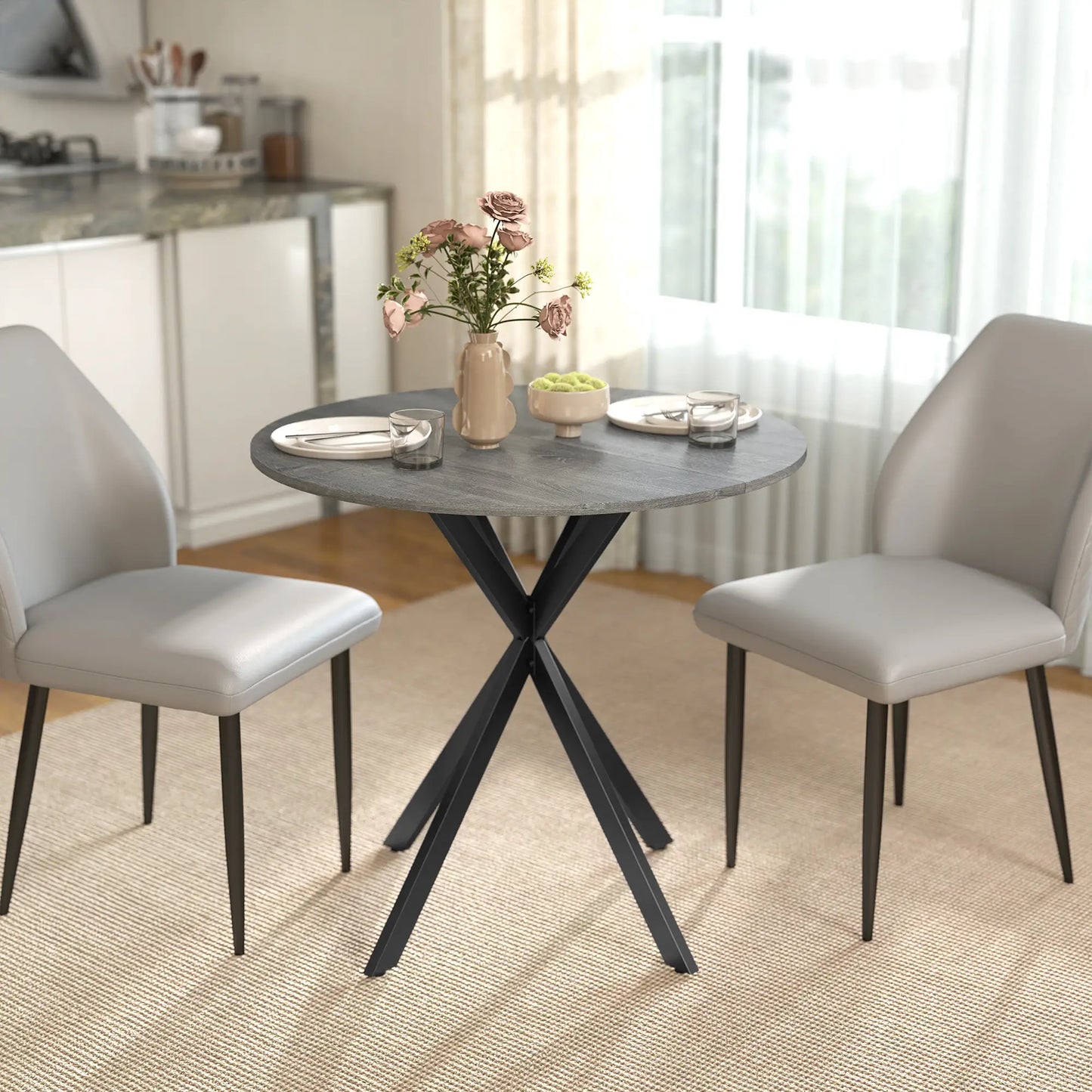 31.5" Industrial Round Dining Table, Distressed Grey Dining Tables at Gallery Canada