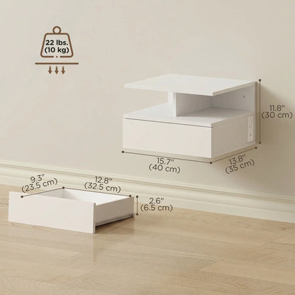 Floating Nightstand Set of 2, Wall Mounted Bedside Table with with Power Outlets, Drawer and Shelf, White