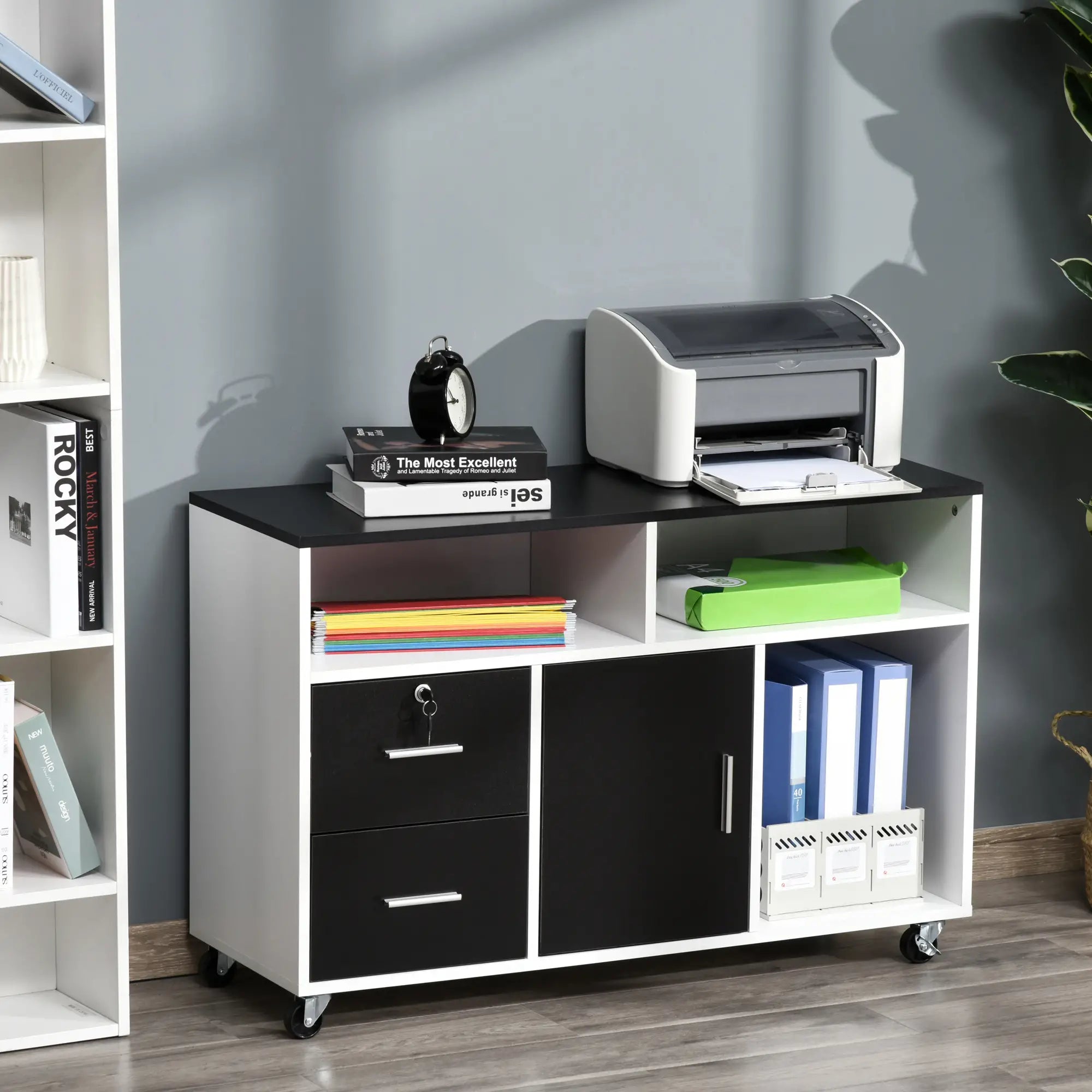 Lateral Filing Cabinet, Mobile with Wheels, Lockable Drawer, Black Office Cabinets & Cupboards at Gallery Canada