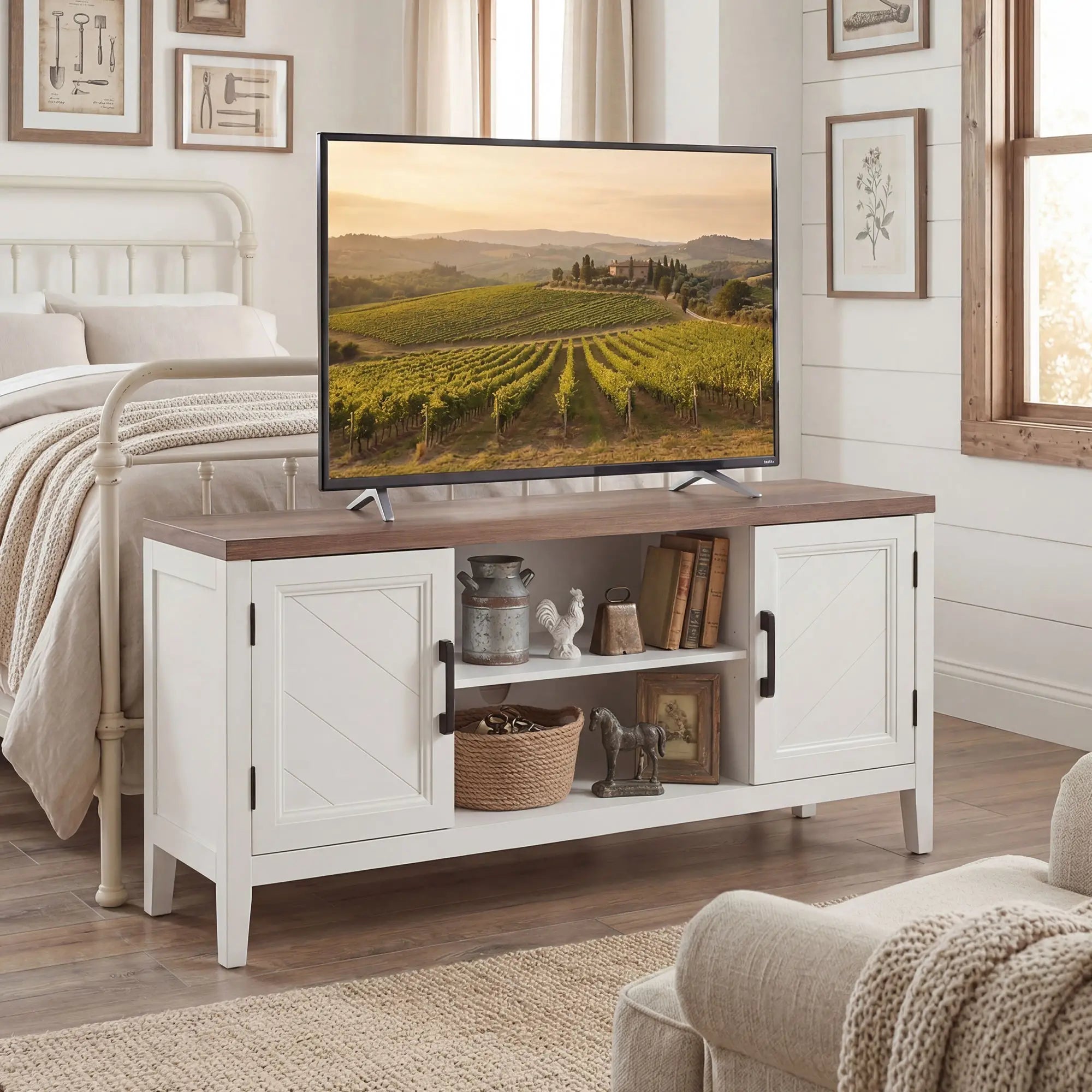 TV Stand for 55 Inch TV, Entertainment Center with Shelves, White and Brown TV Stands at Gallery Canada