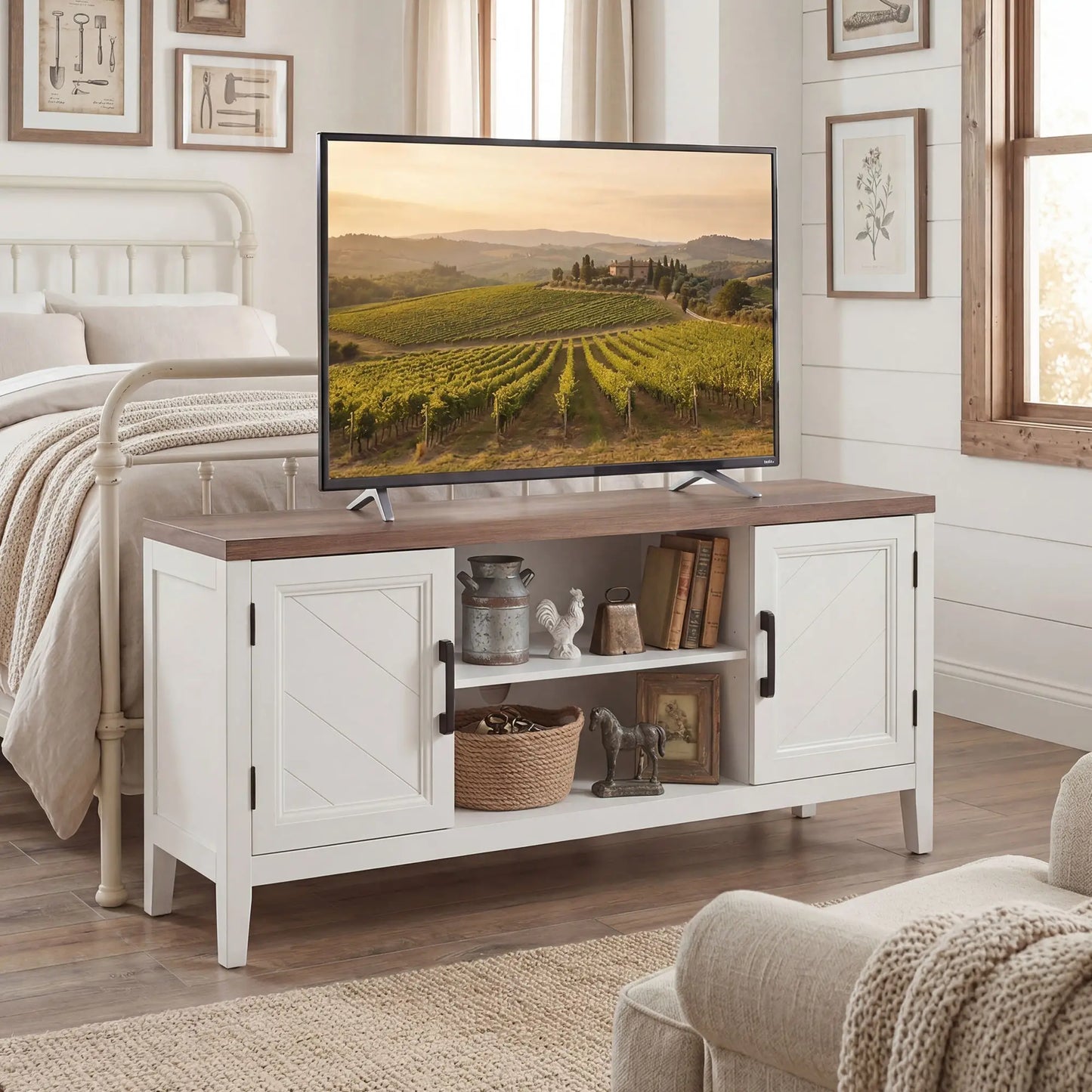 TV Stand for 55 Inch TV, Entertainment Center with Shelves, White and Brown TV Stands at Gallery Canada
