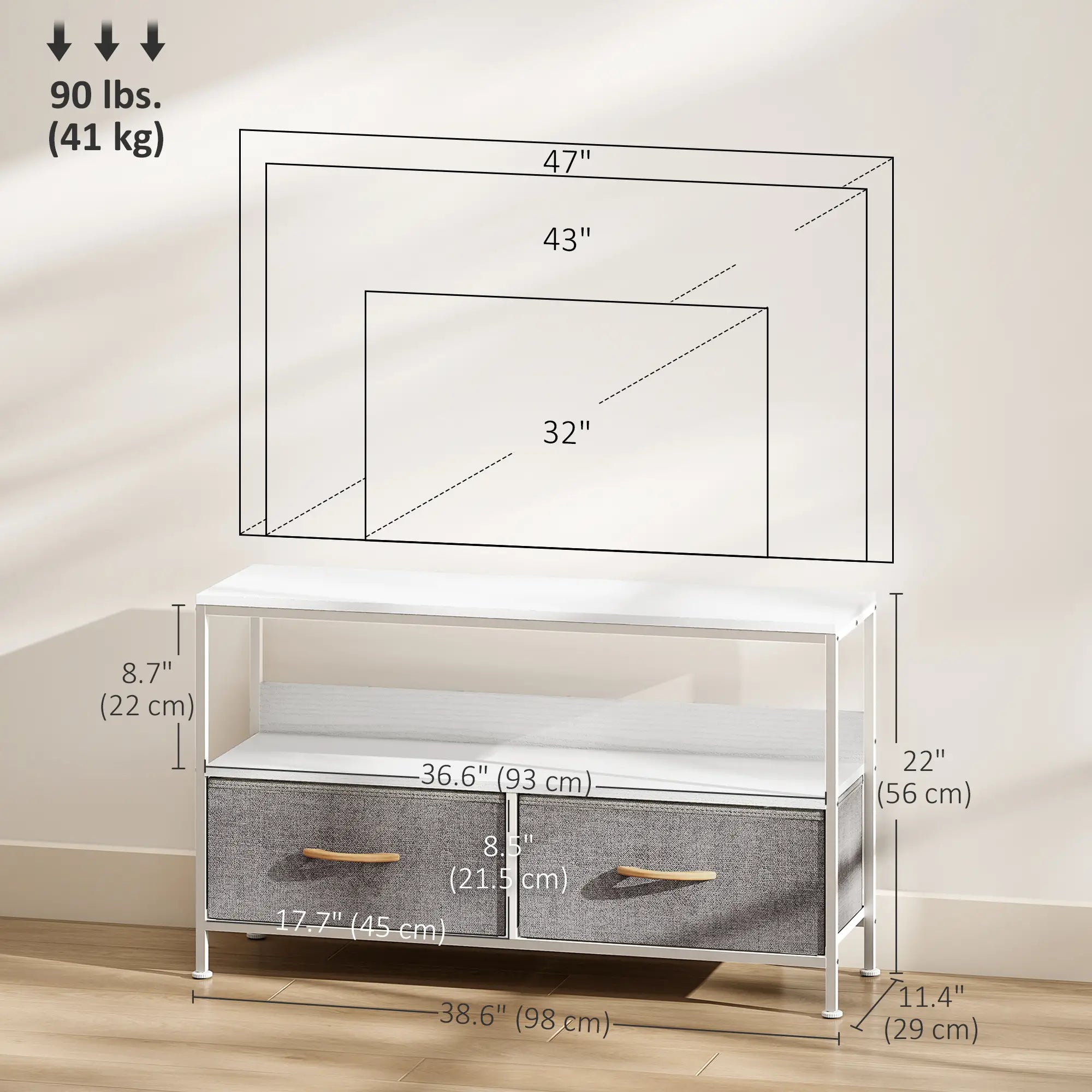 TV Stand with Charging Station, 2 Foldable Drawers, Open Shelf, 47 Inch, White TV Stands at Gallery Canada