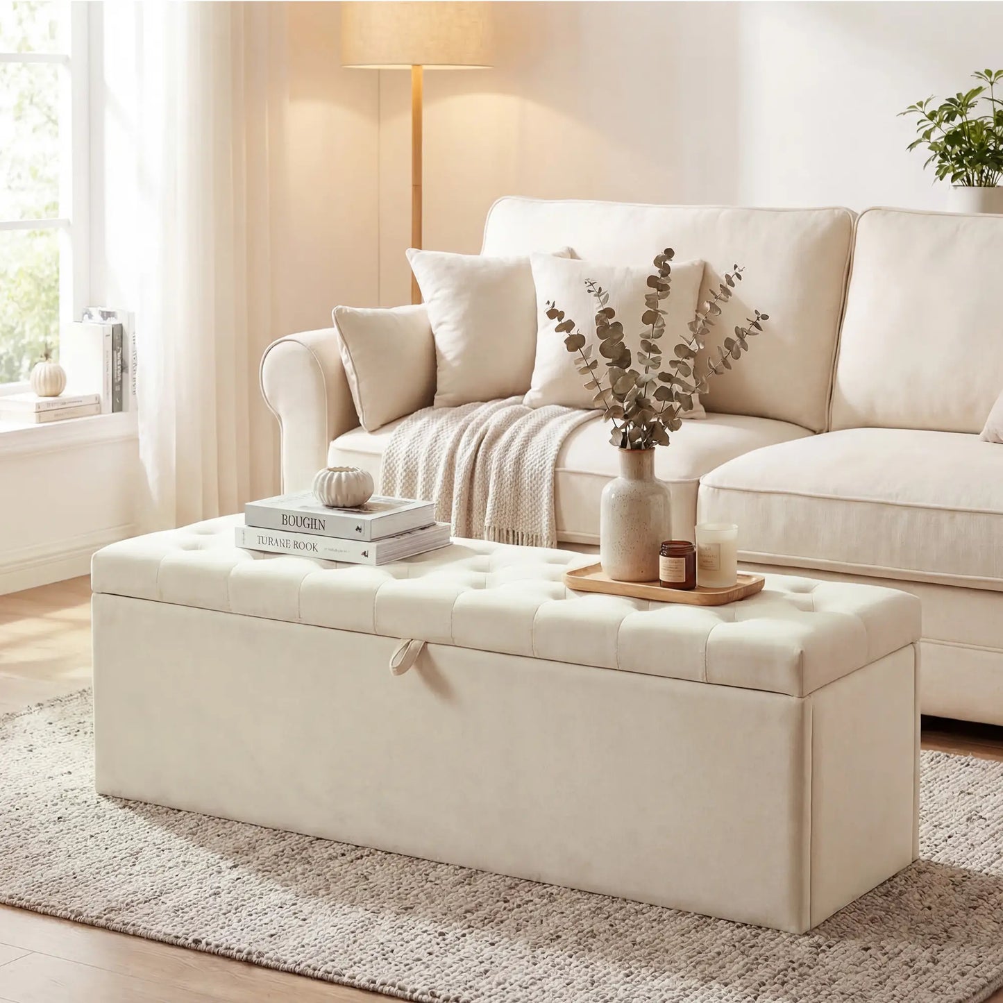 Upholstered Velvet Storage Ottoman Bench, Button Tufted, Beige Storage Ottomans & Benches at Gallery Canada