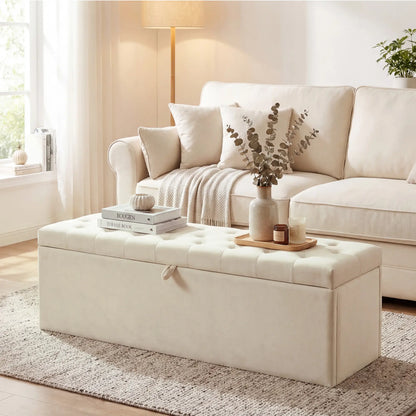 Upholstered Velvet Storage Ottoman Bench, Button Tufted, Beige Storage Ottomans & Benches at Gallery Canada