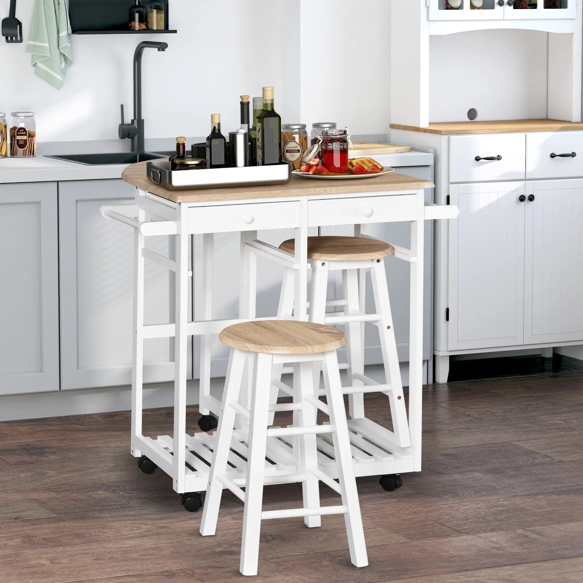 3 Piece Kitchen Cart Set, Drop Leaf Table, 2 Stools, Rolling Wheels, Wood, White Kitchen Islands & Kitchen Carts at Gallery Canada