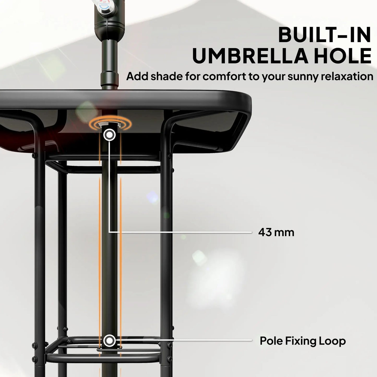 Outdoor Bar Table With Umbrella Hole, 41.3" Glass Top, Black Patio Dining Tables at Gallery Canada