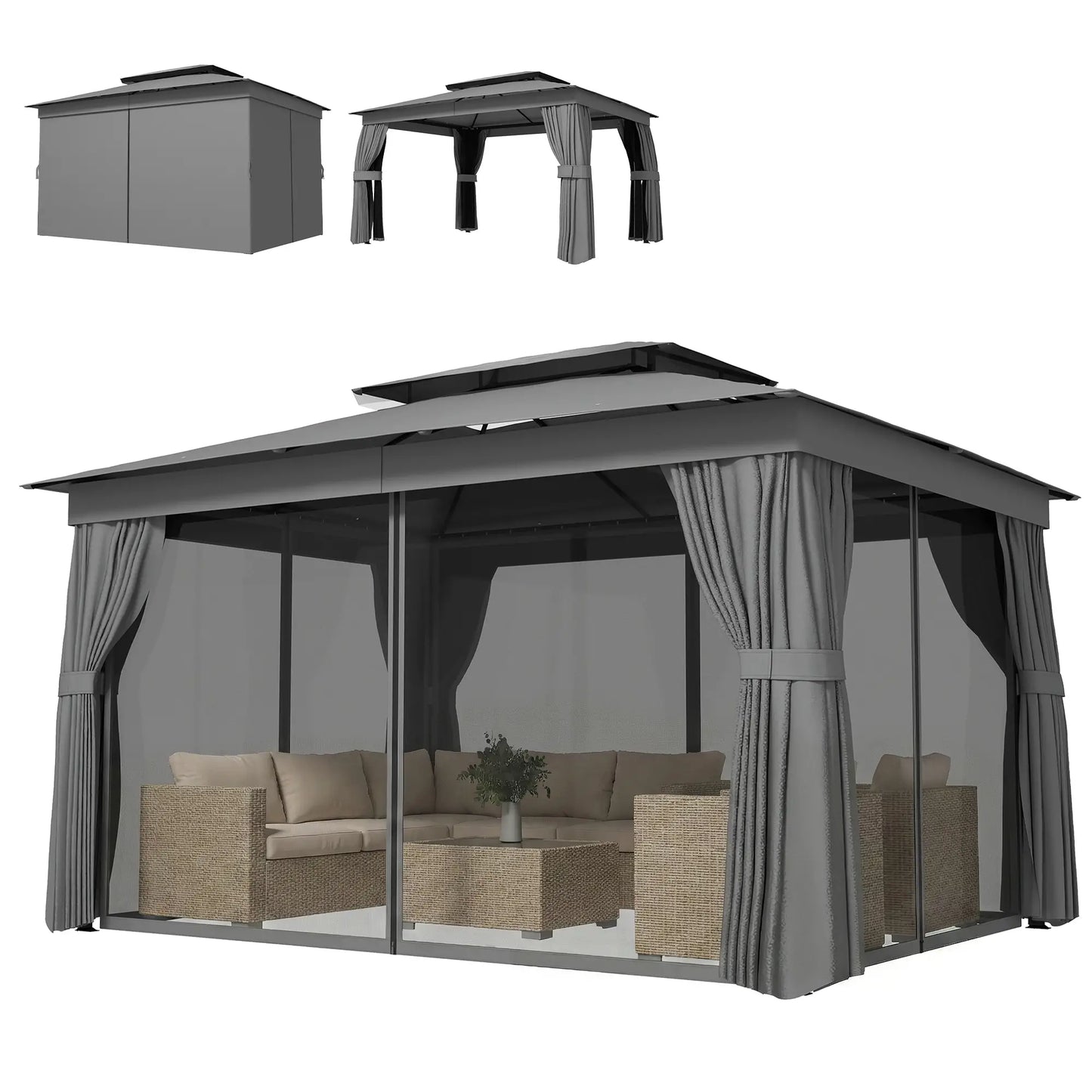 10' x 12.5' Gazebo, With Curtains, Netting, Double Roof, Dark Grey Gazebos Dark Grey at Gallery Canada