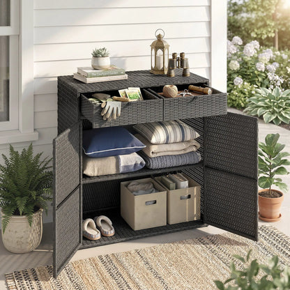 Wicker Outdoor Storage Cabinet, 2 Doors, Drawers, 2-Tier Shelf, Dark Grey Patio Storage Boxes at Gallery Canada