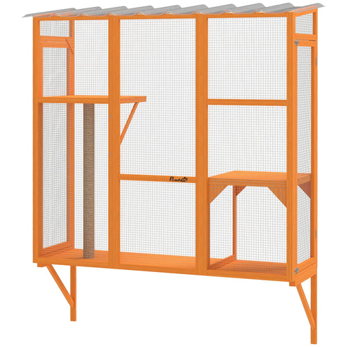 Wooden Catio Outdoor Enclosure, 2 Jumping Platforms, Scratching Post, Orange