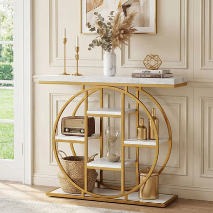 39.4" Console Table With Storage Shelves, White Marble Effect, White Console Tables at Gallery Canada