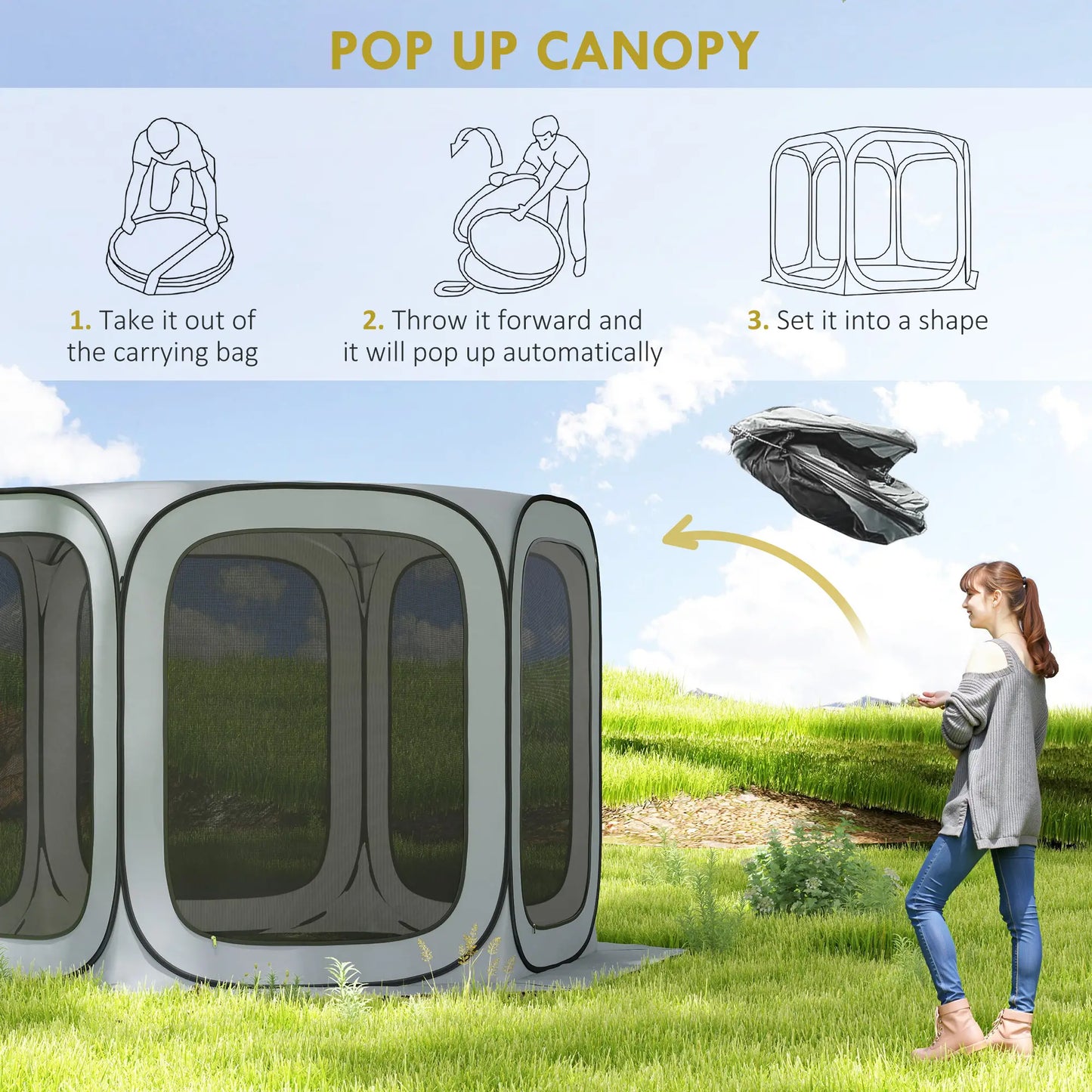 11 x 11ft Pop Up Screen Tent, UPF50+ Portable Gazebo, Light Grey Camping Tents at Gallery Canada