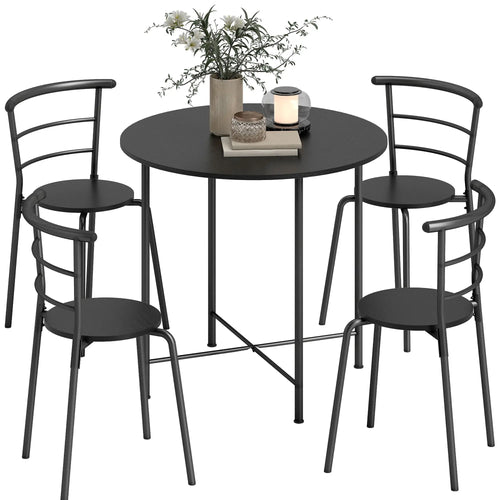5 Piece Dining Table Set, Round for 4, Metal Frame, Black Wood Grain, Black