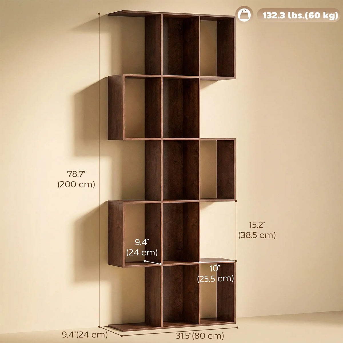 5-Tier S Shaped Geometric Bookshelf, 15 Compartments, Black Wood Grain, Black Display Bookshelves at Gallery Canada