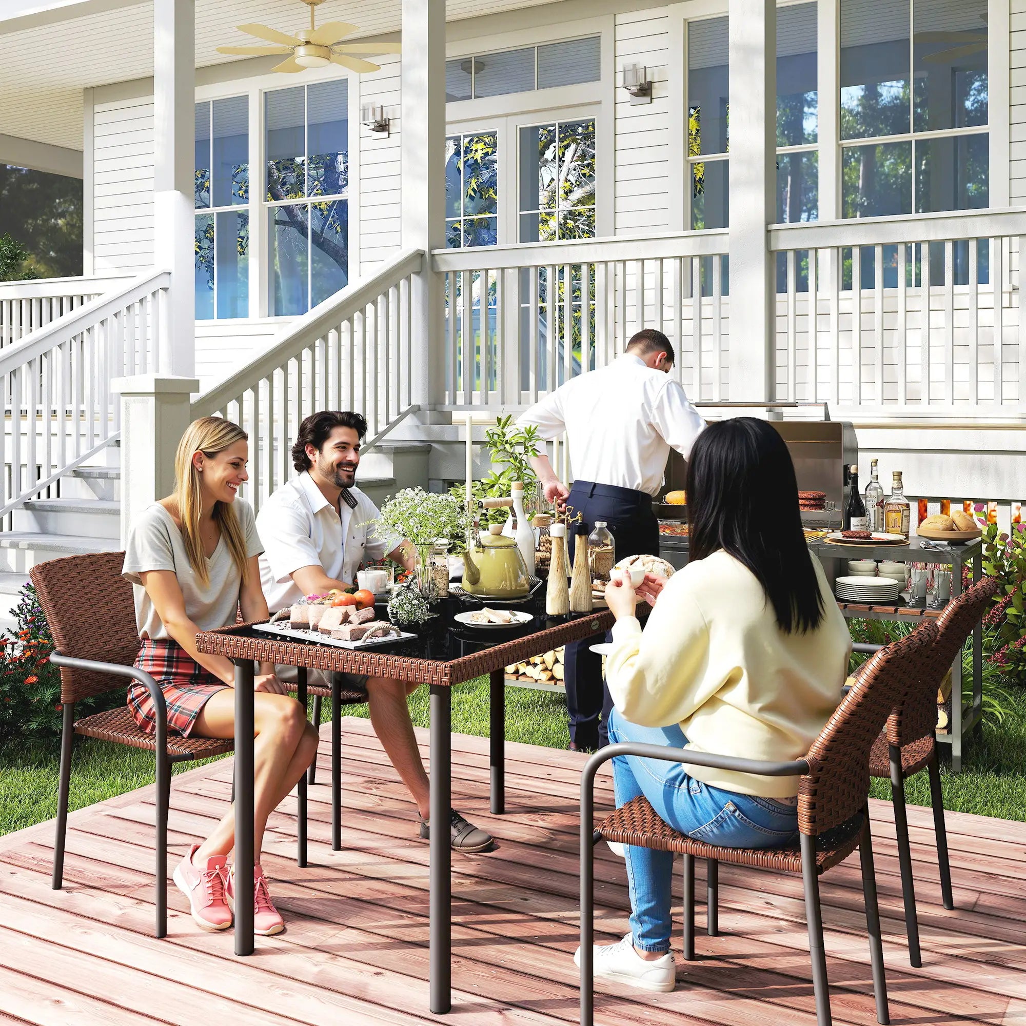 5 Piece Outdoor Dining Set, PE Wicker Rattan Patio Furniture, Stackable Chairs, Glass Table Top Patio Furniture Sets at Gallery Canada