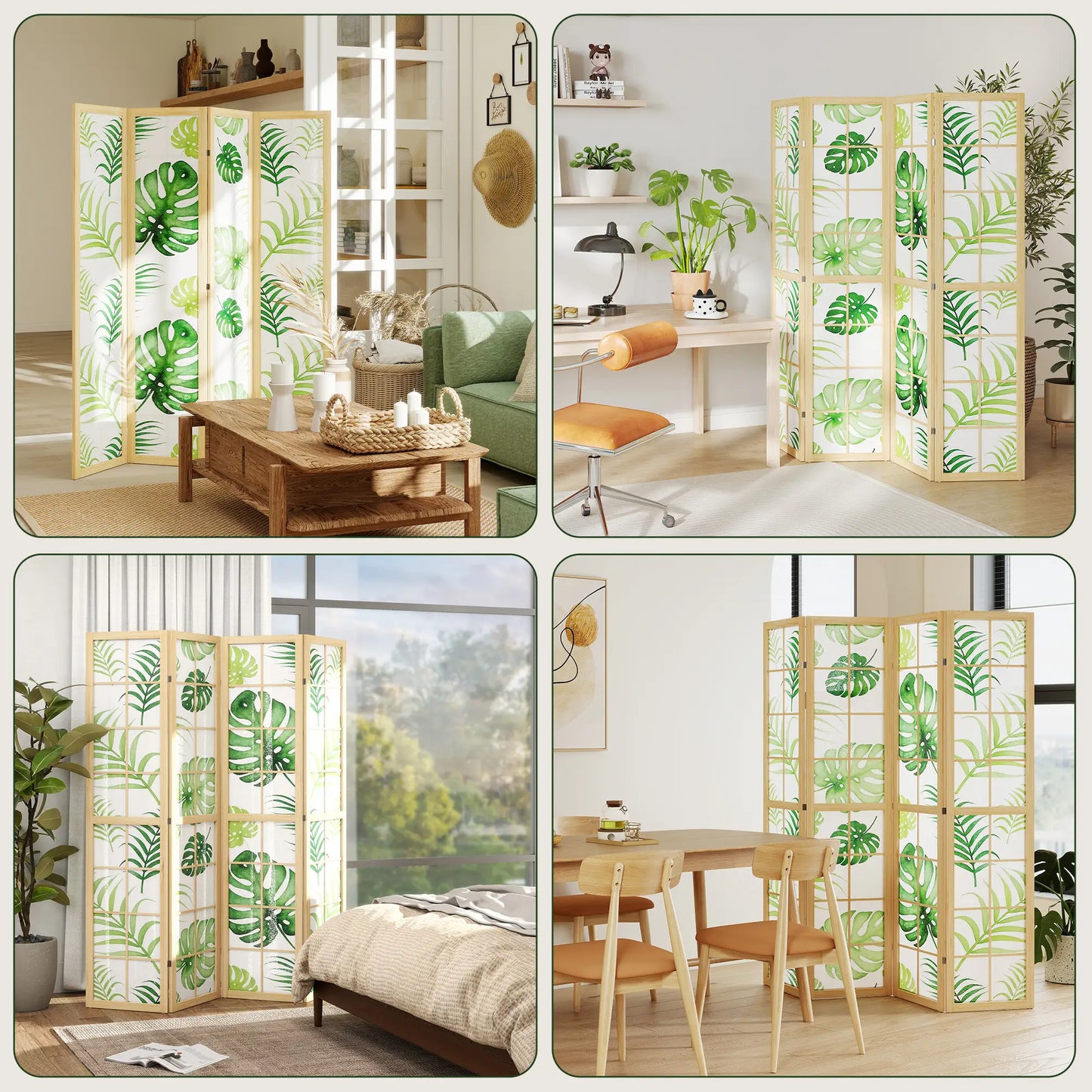 4 Panel Folding Privacy Screen, 67" Palm Leaf Design, Natural Green, Green