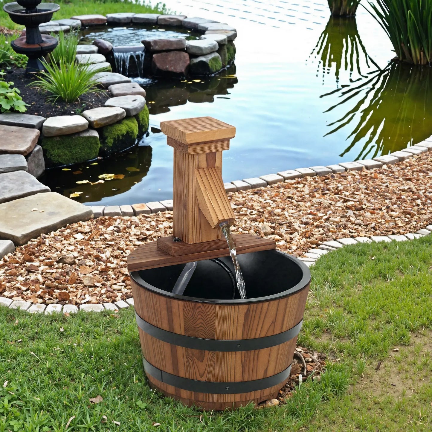 Outdoor Waterfall Fountain, Garden Wood Barrel, Carbonized Water Fountains at Gallery Canada