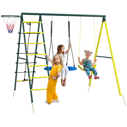 4 in 1 Swing Set, Saucer Swing, Seat, Ladder, Basketball Hoop, 3-8 Years, Yellow Gym Sets & Swings at Gallery Canada
