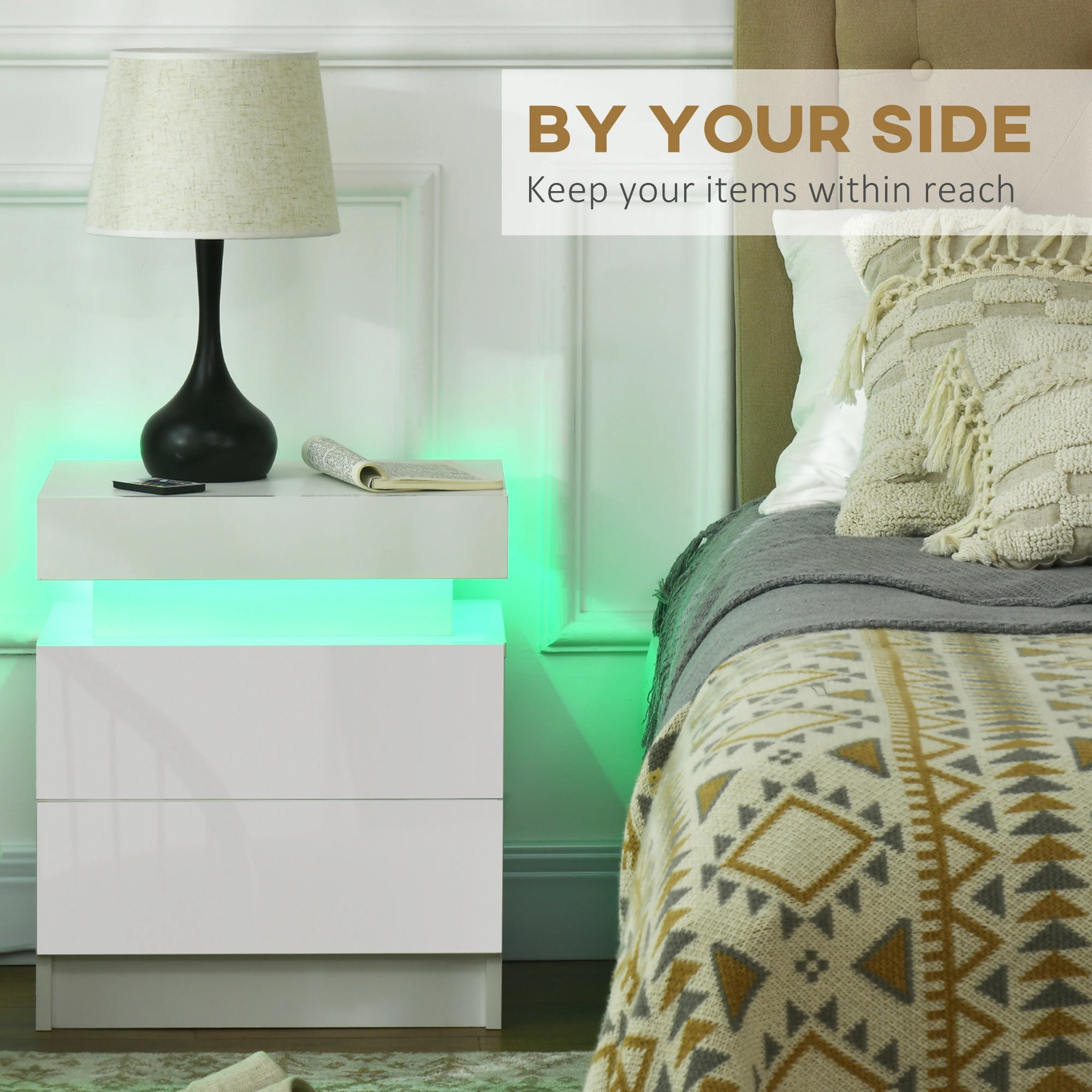 Nightstand with LED Lights, 2 Drawers, White Bedside Tables at Gallery Canada