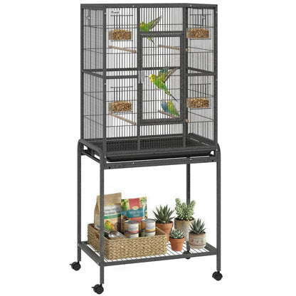 56"H Bird Cage, Parrot Cage w/ Detachable Rolling Stand, Removable Tray, Storage Shelf, Perches, Food Container Bird Cages at Gallery Canada