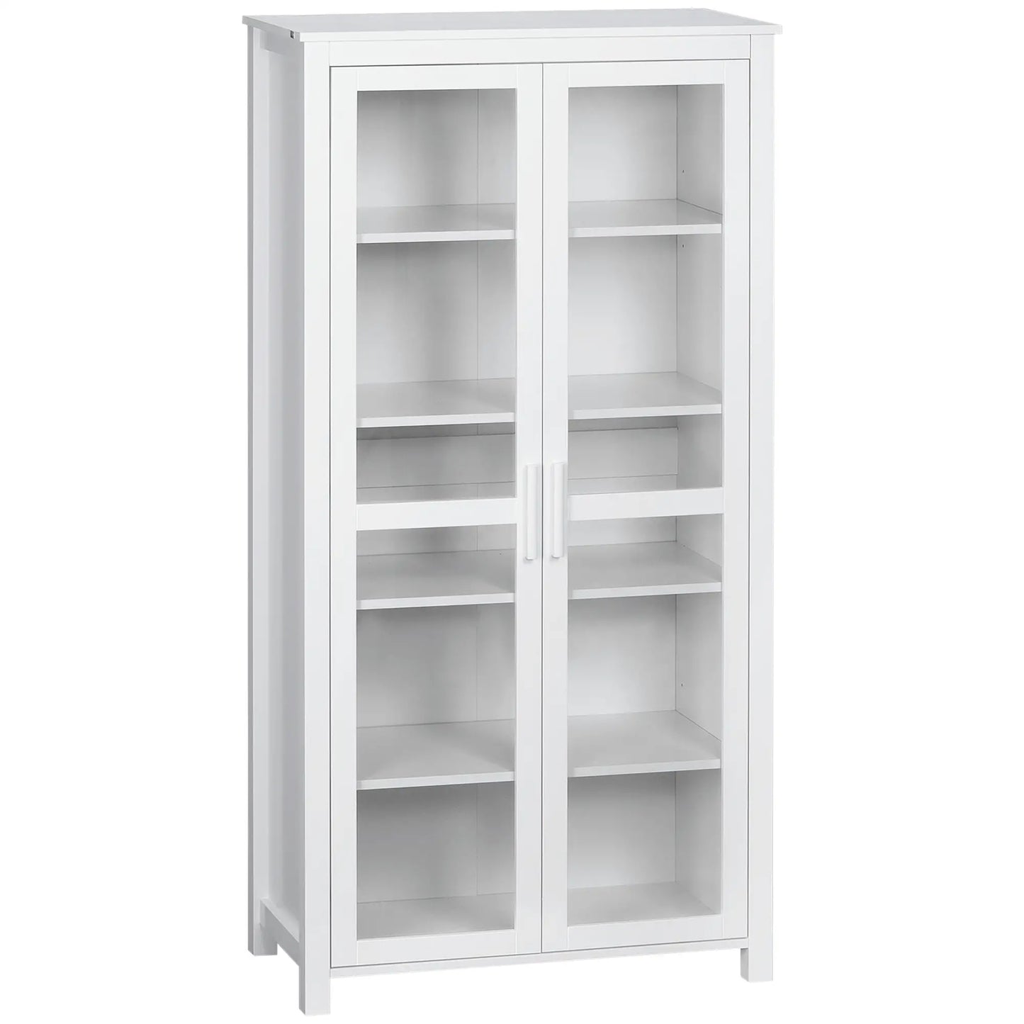 Freestanding Kitchen Pantry, 5-Tier Storage Cabinet, Adjustable Shelves, 2 Glass Doors, White