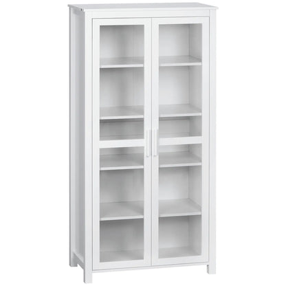 Freestanding Kitchen Pantry, 5-Tier Storage Cabinet, Adjustable Shelves, 2 Glass Doors, White