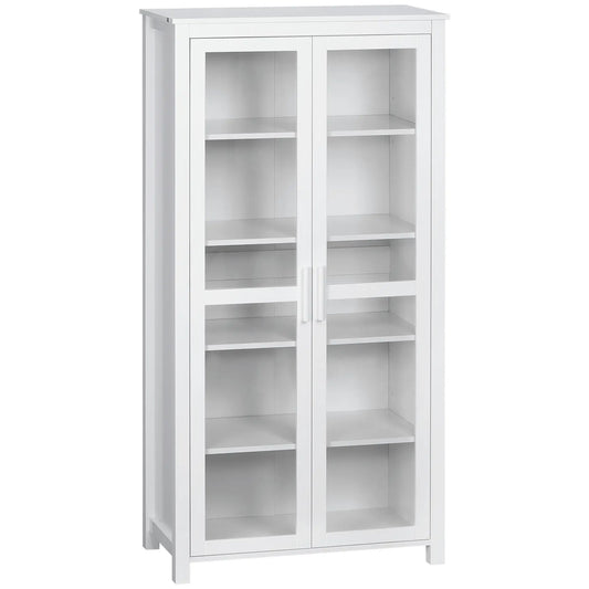 Garde-manger de cuisine autoportant, armoire de rangement à 5 niveaux, étagères réglables, 2 portes en verre, blanc