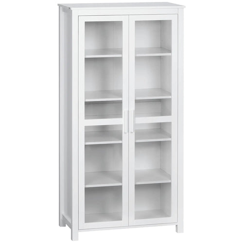 Freestanding Kitchen Pantry, 5-Tier Storage Cabinet, Adjustable Shelves, 2 Glass Doors, White