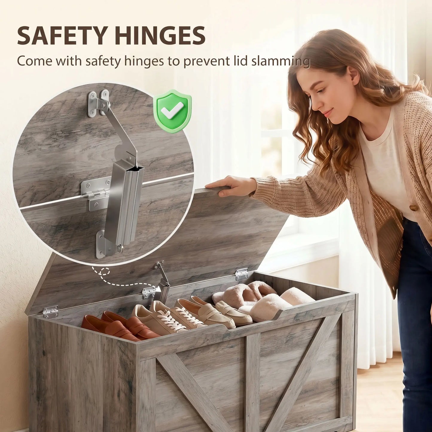 31.5" Storage Chest with Safety Hinge, Grey Wood Grain, Grey
