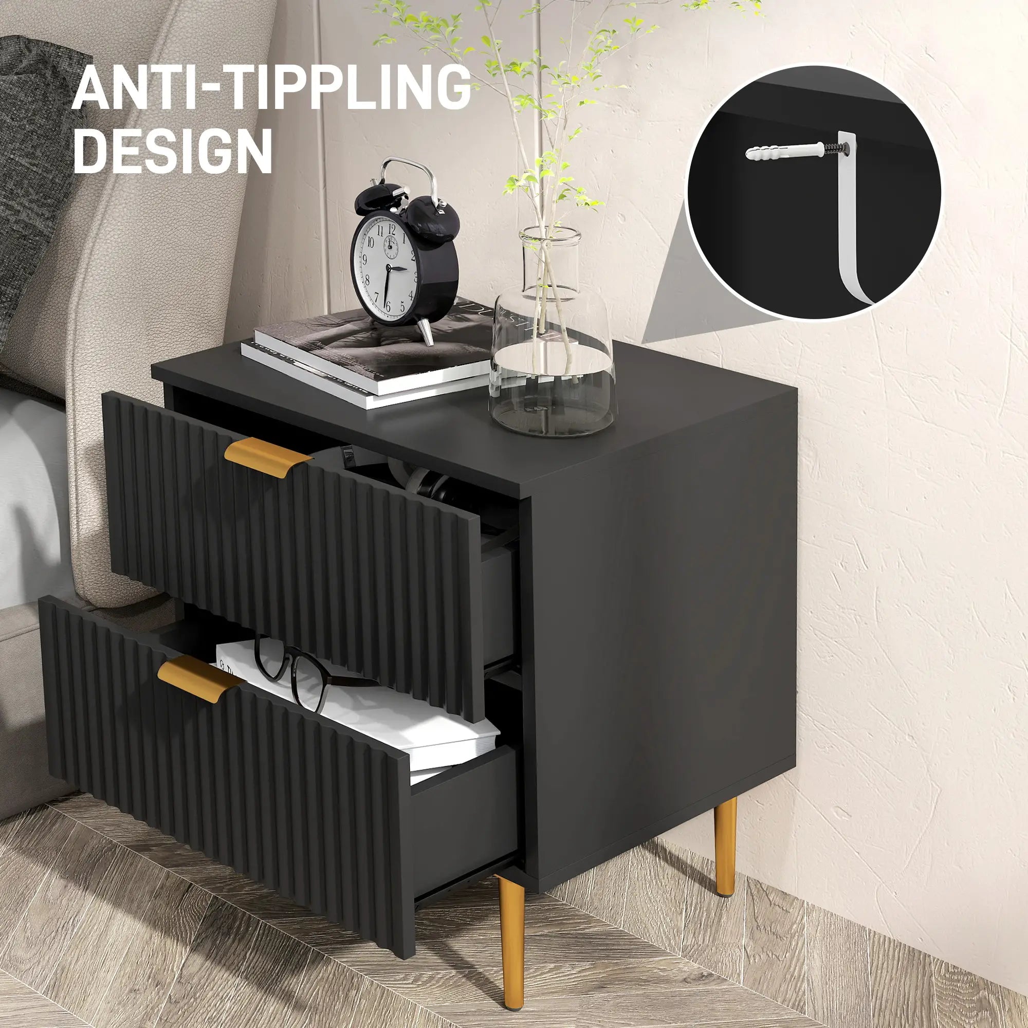 Modern Nightstand, 2 Drawers, Metal Legs, Black Bedside Tables at Gallery Canada