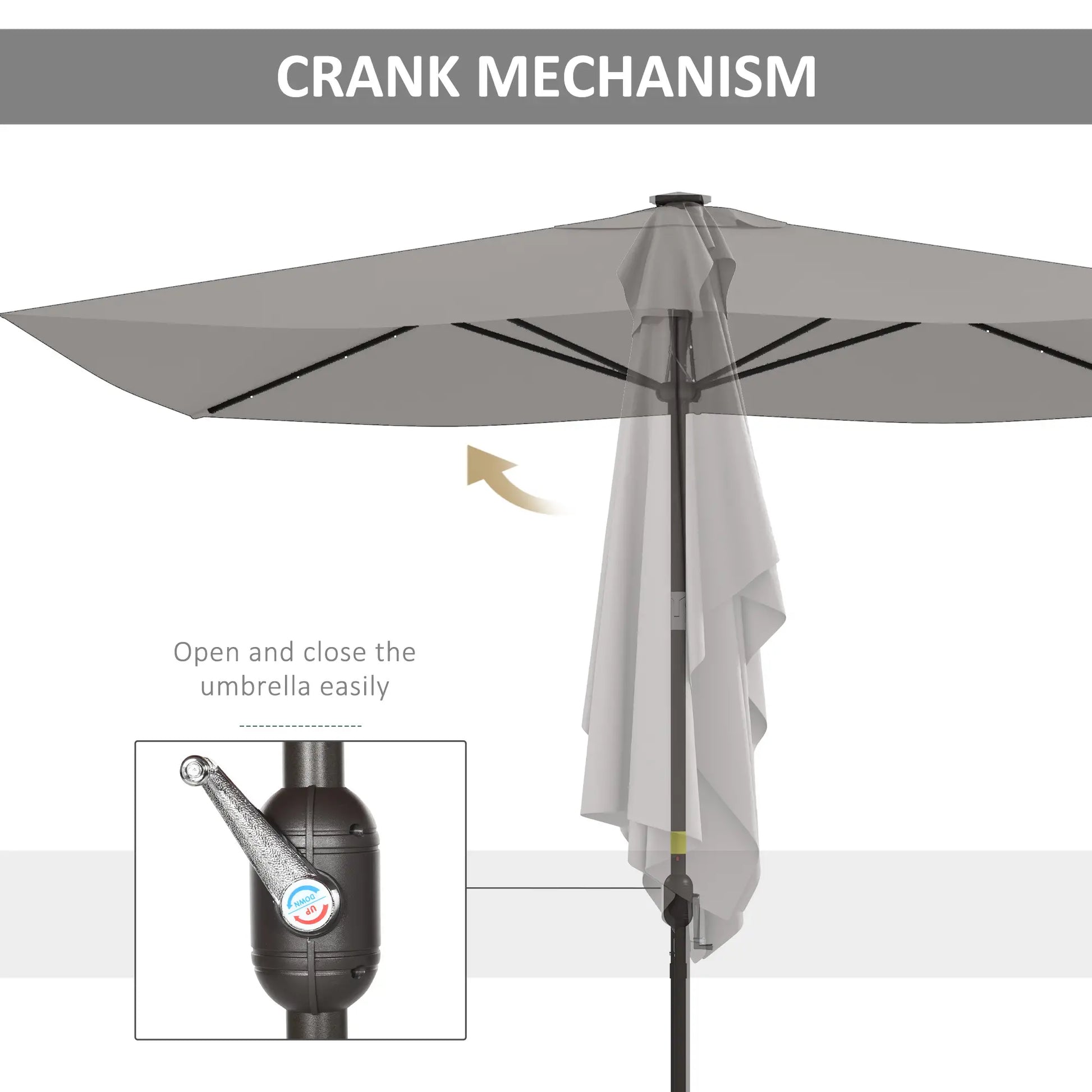 6.5x10ft Light Grey Tilt Aluminum Patio Umbrella, Solar Powered LEDs, Crank, Light Grey Sun Umbrellas at Gallery Canada