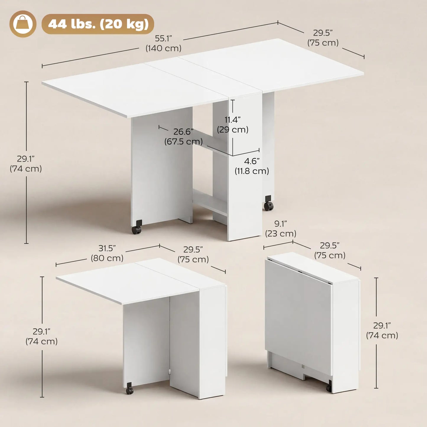 Extendable Dining Table, Collapsible w/ 2-Tier Shelves, Rolling Casters, White Bar Tables & Dining Tables at Gallery Canada