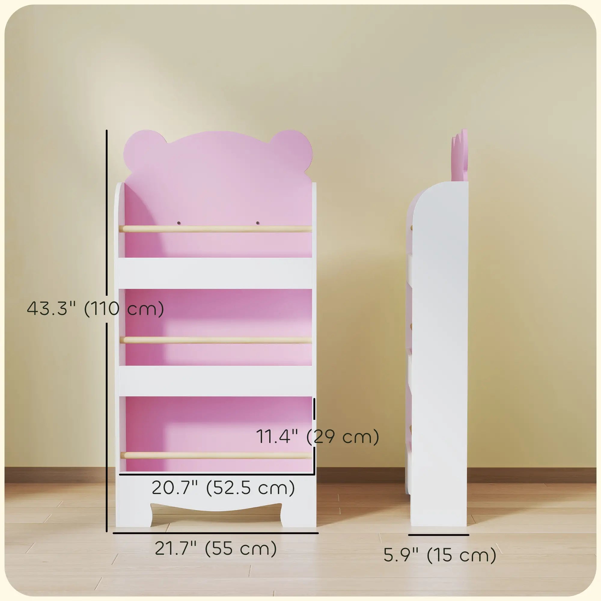 3-Tier Bear Theme Kids Bookshelf, Anti-Tip, 36.6L x 11.8W x 35.4H Inches, Pink Baby & Kids Storage at Gallery Canada