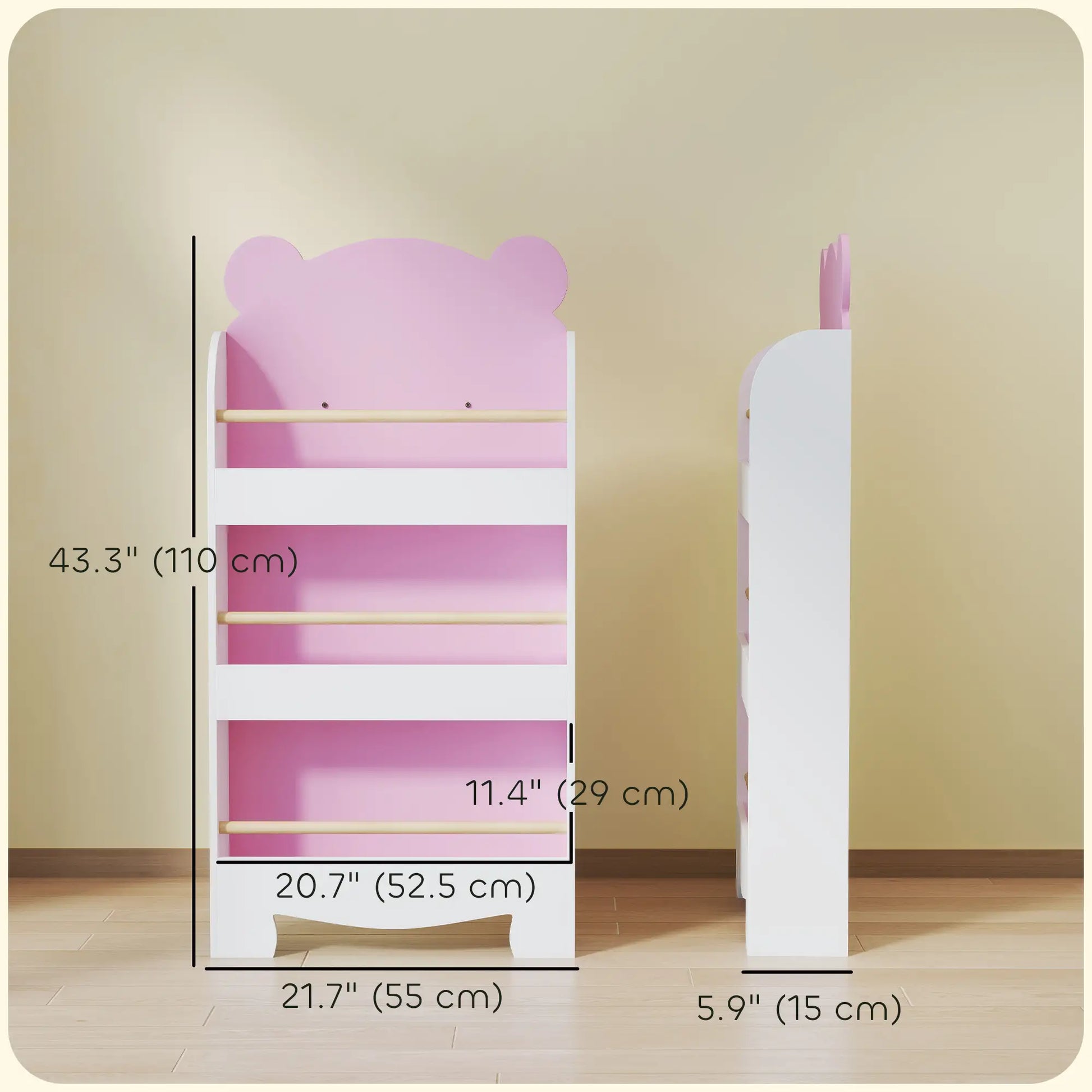 3-Tier Bear Theme Kids Bookshelf, Anti-Tip, 36.6L x 11.8W x 35.4H Inches, Pink Baby & Kids Storage at Gallery Canada