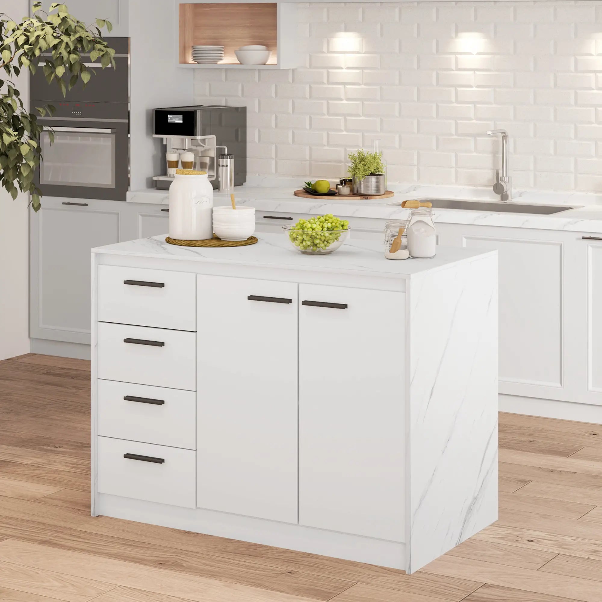 Kitchen Island, Storage Cabinet, 4 Drawers, Adjustable Shelf, Faux Marble, White Kitchen Islands & Kitchen Carts at Gallery Canada