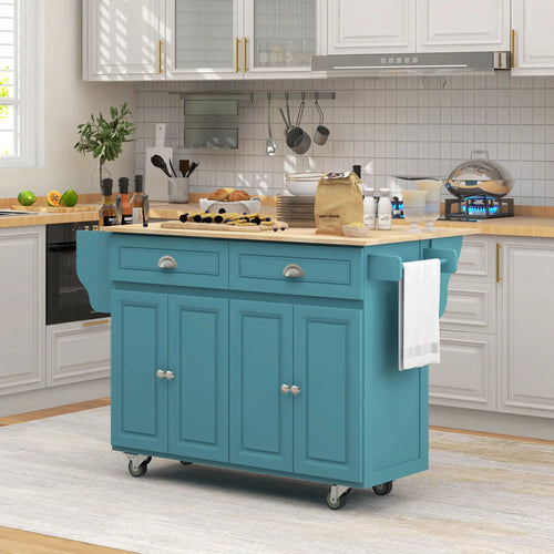 Rolling Kitchen Island with Storage, Drop Leaf, Rubber Wood Top, Light Blue